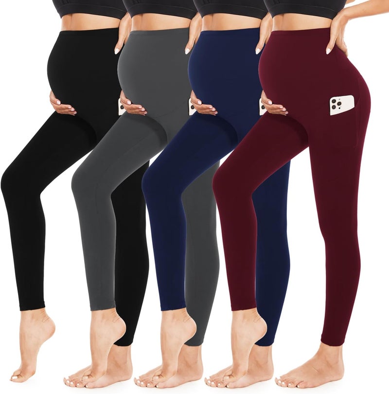 MoreFeel 4 Pack Women’s Maternity Leggings with Pockets Over The Belly Butt Lift - Soft Workout Pregnancy Yoga Pants - Image 1